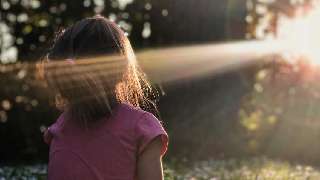 A child sitting in a meadow, facing low evening sunlight through trees
